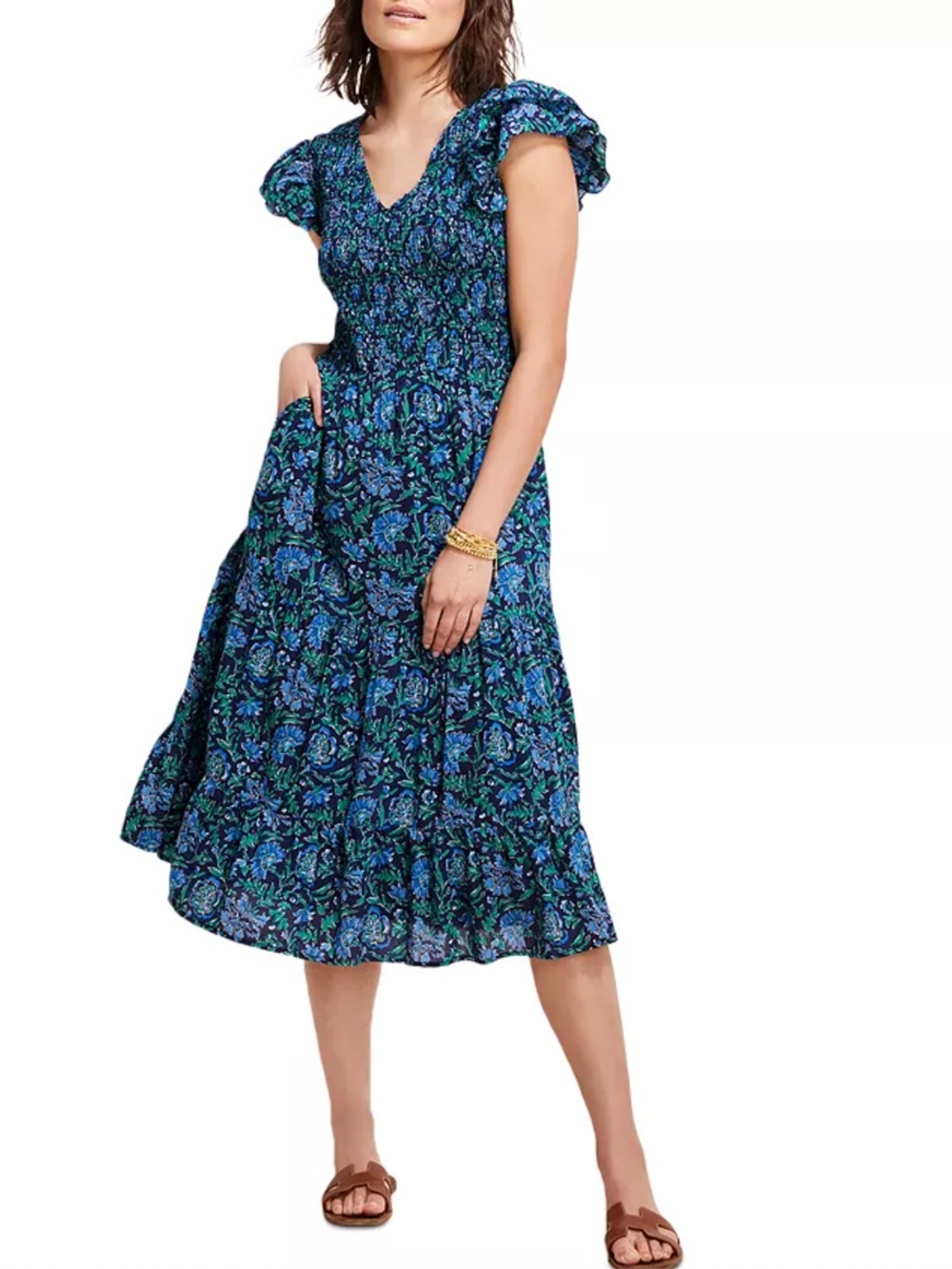 Vineyard Vines Navy & Green Floral Midi Dress EUC Medium